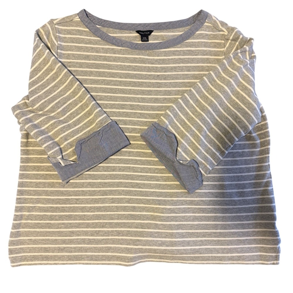 Nautica Womens XXL Grey White Striped 3/4 Sleeve Boat Neck Top Contrast Trim - Picture 3 of 7